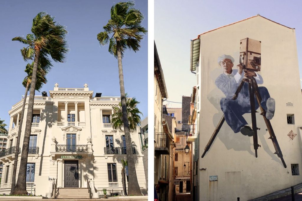 Façade du centre d’art La Malmaison à Cannes et fresque murale hommage au cinéma à Cannes