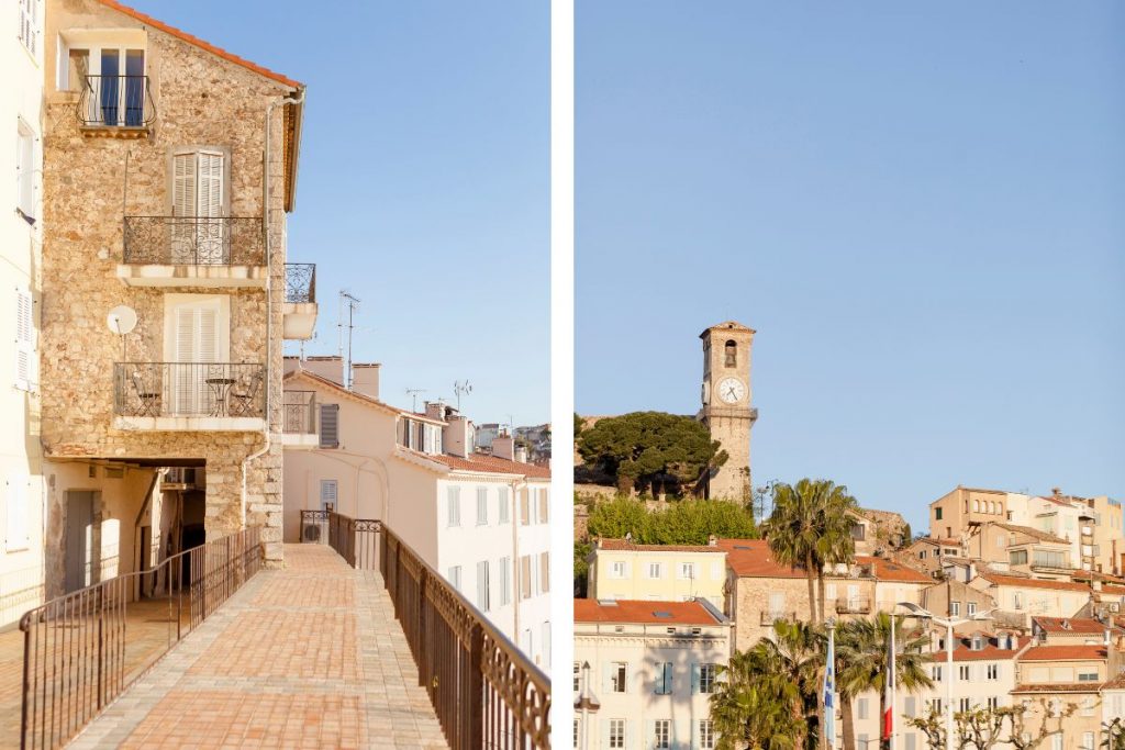 Escaliers de pierre menant au Suquet et bateaux amarrés dans le port de Cannes, ambiance paisible de septembre