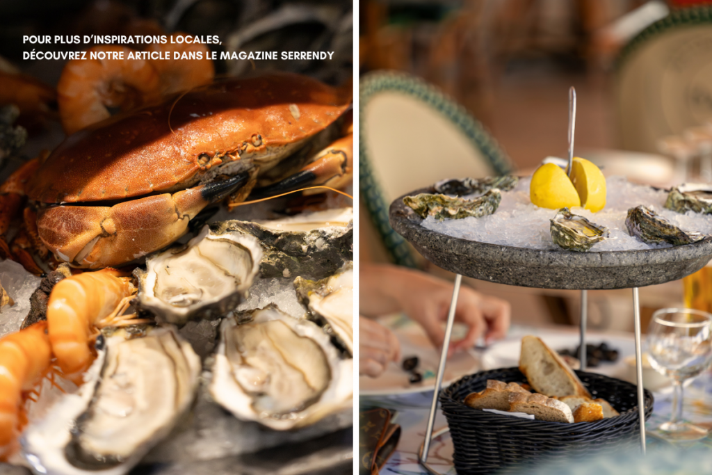 Plateaux de fruits de mer sur la Côte d’Azur – huîtres fraîches, crabes et crevettes pour un repas de fête convivial