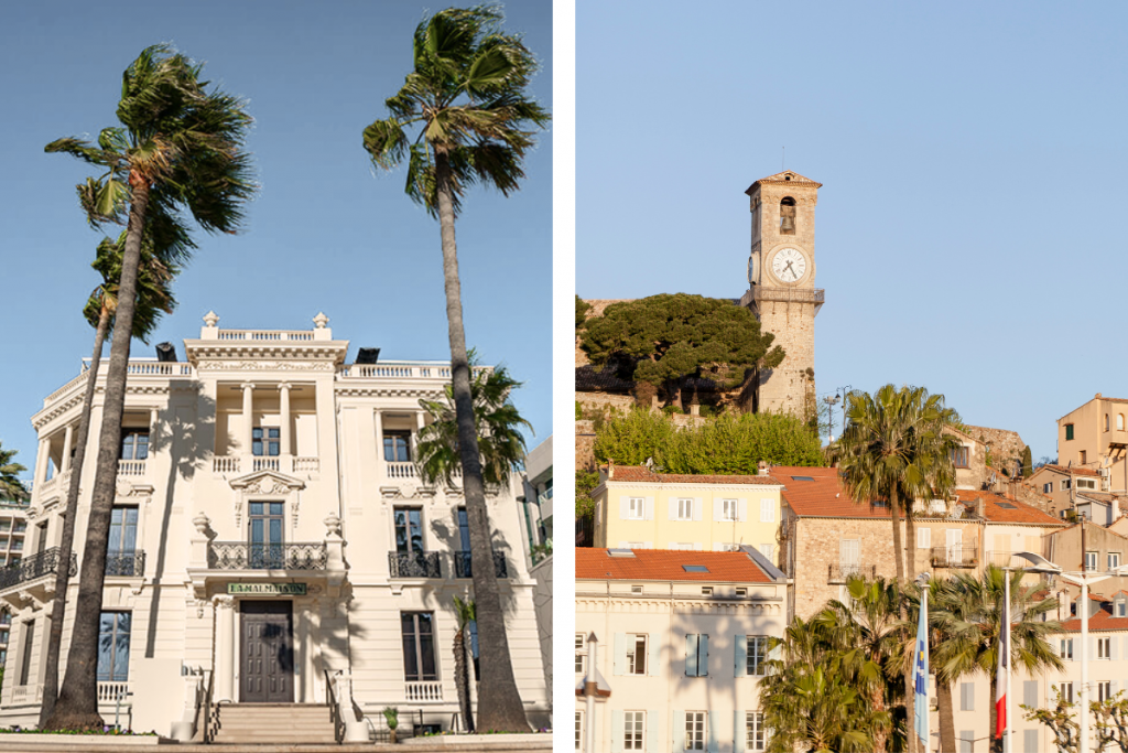Photographie en diptyque de deux lieux symboliques de Cannes : à gauche, La Malmaison, centre d’art contemporain sur la Croisette, entourée de palmiers, et à droite, la Tour de l’Horloge du Suquet dominant la vieille ville. Ces images incarnent à la fois le patrimoine architectural et l’atmosphère culturelle hivernale de Cannes, idéale pour une escapade hors saison sur la Côte d’Azur.